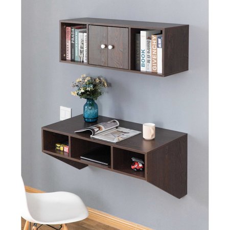 BASICWISE Wall Mounted Office Computer Desk and Floating Hutch Cabinet, Brown QI003675B.2